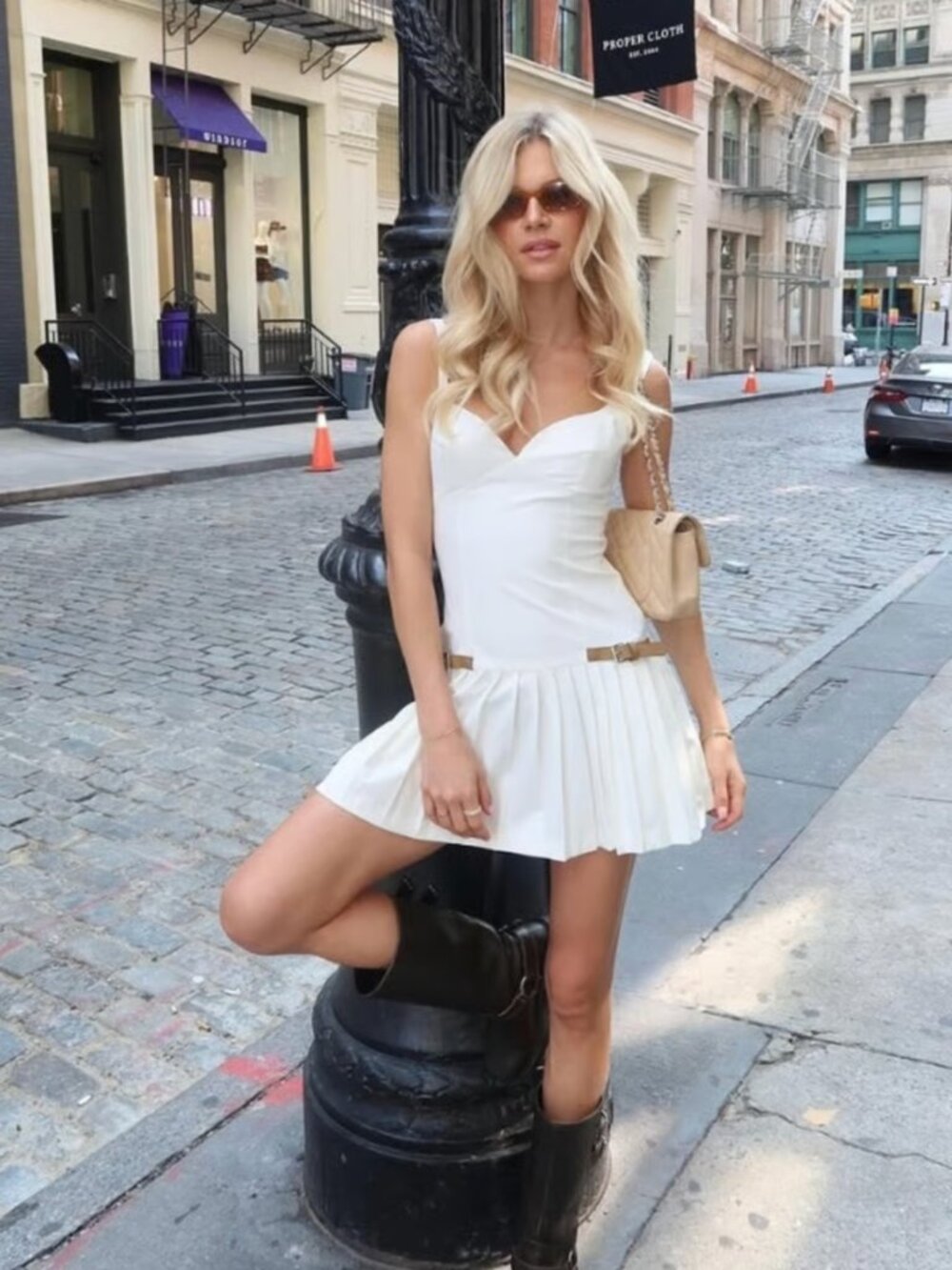 ZARA ZW Collection Women Oyster White Box Pleat Mini Dress With Tabs Size L NWOT